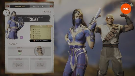 The Mortal Kombat 1 character select screen showing Kitana with Kana as a Kameo character