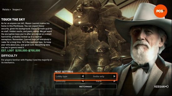 The heist launch menu, including the option to start an invite-only lobby, the only way to play Payday 3 solo.