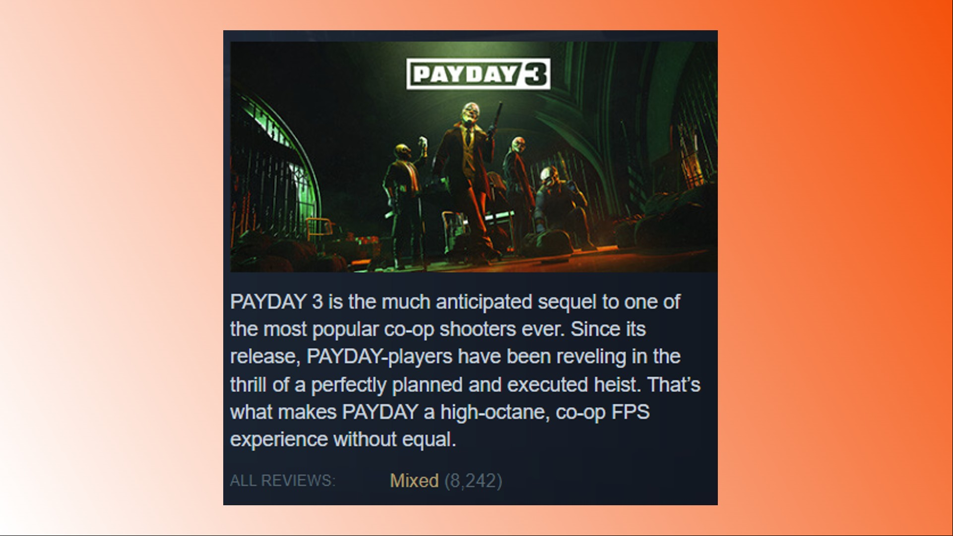 Payday 3 Steam reviews: The Payday 3 Steam page displaying its mixed rating from players