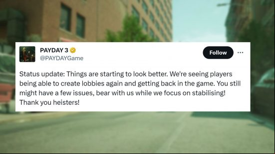 Payday 3 update matchmaking: an image of a tweet updating Payday 3's online status