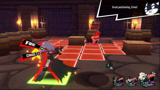 A cute chibi character shoots at another across a slew of red tiles in a dark room