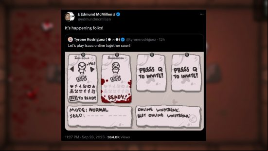 The Binding of Isaac online co-op - Executive Producer Tyrone Rodriguez says, "Let's play Isaac online together soon!" and shares a screenshot of a multiplayer setup screen. Creator Edmund McMillen adds, "It's happening folks!"
