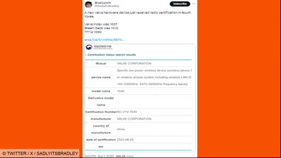 Screenshot of a tweet revealing the classification of new Valve hardware.