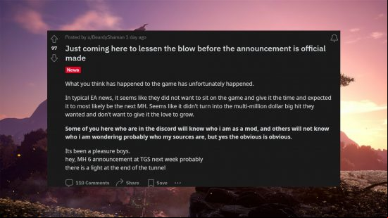 A comment from the Wild Hearts Reddit claiming that the game is shutting down placed against a sunset background