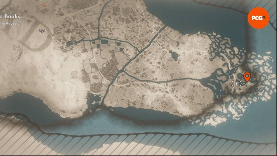 The secret AC Mirage Lost Book is in the Wilderness, as shown by the orange pin, in the middle of some ruins in a swamp.