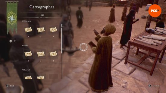 Basim is consulting a cartographer who is showing off his wares.