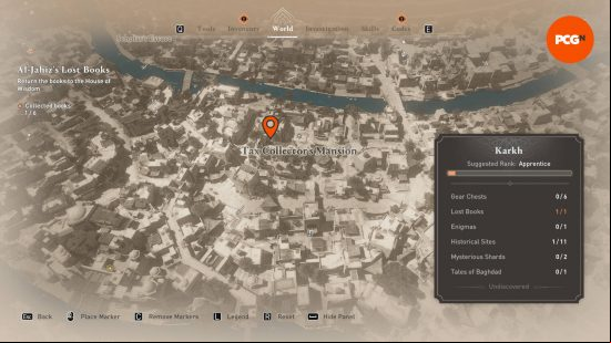 A map with an orange pin showing the location of the Abbasid Knight AC Mirage outfits.