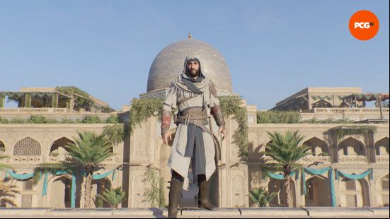 One of the AC Mirage outfits is the Initiate of Alamut, which Basim is wearing while standing on top of a wall near the library.
