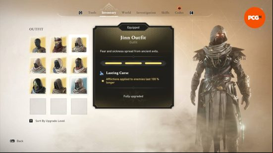 The outfit bonuses for the Jinn DLC AC Mirage outfit.