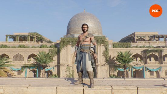 One of the AC Mirage outfits is the Sand outfit, which Basim is wearing while standing on top of a wall near the library.