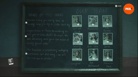 A bulletin board with news of the week, as well as nine photos of team  and their roles, which are needed to unlock the Alan Wake 2 gift shop safe.