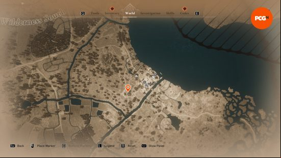 A map of the southern Wilderness including the location of the AC Mirage Mysterious Shard.