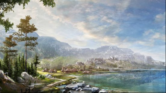 A beautiful mountain location where a pebble beach leads onto sparkling blue water