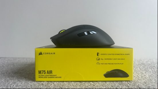 An image of the Corsair M75 Air mouse sitting on top of its product box