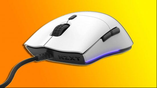 CS2 best mouse: a white NZXT Lift mouse appears against an orange and yellow background.