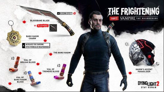 A man wearing a black polo neck jumper and jeans with a weapon strapped to his back with glowing red eyes surrounded by different Dying Light 2 items 