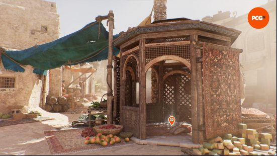 AC Mirage enigmas: a pile of glowing hidden treasure, buried in a market square.