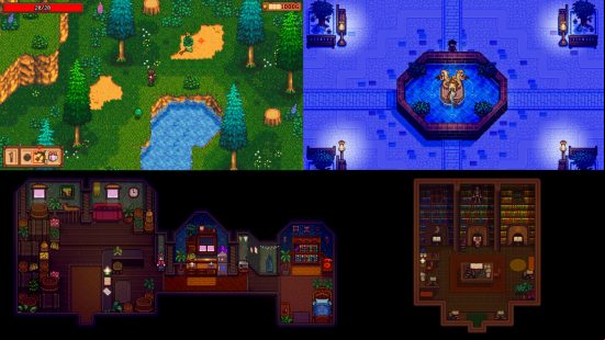 Haunted Chocolatier - Four screenshots from creator Eric Barone - A player shooting a bow in an outdoor field; A water fountain in a town square; A house with several rooms; A library with tall shelves packed full of books.