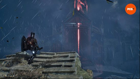 The lampbearer is standing at the edge of some broken steps, looking at a beacon inside a church. A field with a boss stands in his way.