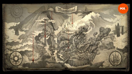 A map showing all the Lords of the Fallen beacons to cleanse in Mournstead.
