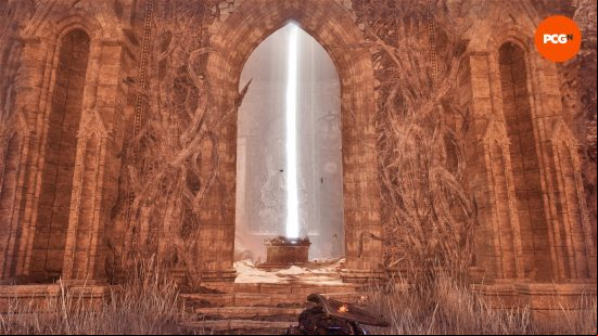 One of the Lords of the Fallen beacons is in a chapel-like building. The lampbearer is just in shot, but on the ground.