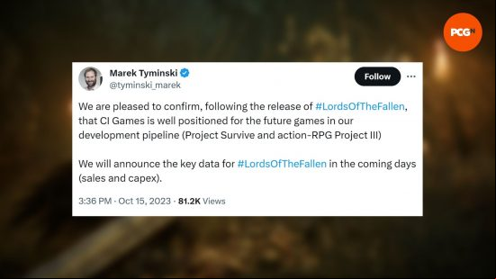 Lords of the Fallen CI Games releases: a tweet on a background