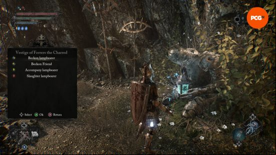 The lampbearer is standing next to a Vestige in order to set up Lords of the Fallen multiplayer.