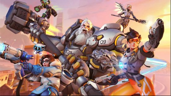 A huge man wearing silver armor holding a hammer shouts and rushes at the camera, flanked by several other heroes