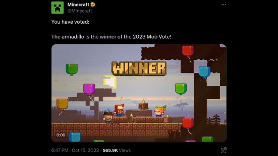 Minecraft Mob Vote result 2023 - Post from the Minecraft  on Twitter/X: "You have voted: The armadillo is the winner of the 2023 Mob Vote!"