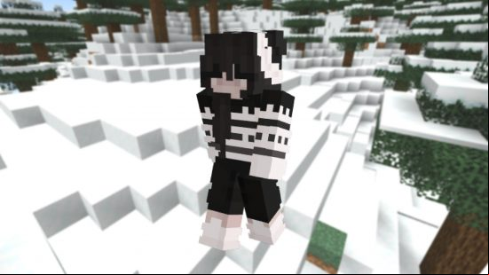 A black and white emo girl Minecraft holiday skin, wearing a black and hite jumper and santa hat on a snowy background.