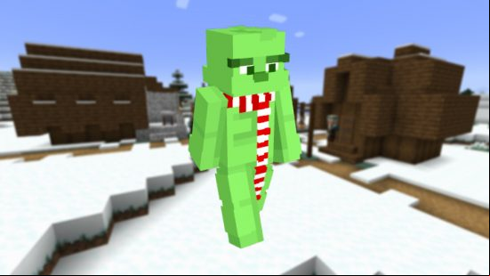A bright green The Grinch Minecraft skin on a backdrop of a snowy taiga biome.