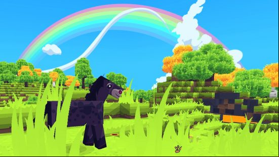 A cartoon horse stands in a brightly colored Minecraft world, with a rainbow behind it, in one of the best Minecraft texture packs, Tooniverse.