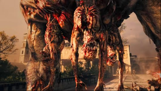 Three skeletal, zombified figures hang from the underside of a larger mutant enemy in MW3 zombies.