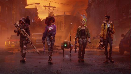 A group of four people, two men and two women, walk down a ruined street at dawn with purpose