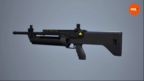 The Finals best weapons: a chunky black weapon with a large thick magazine.