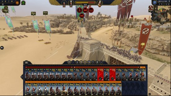 A side view of ancient Egyptian troops climbing a siege tower and firing arrows next to a fortress wall from Total War: Pharaoh