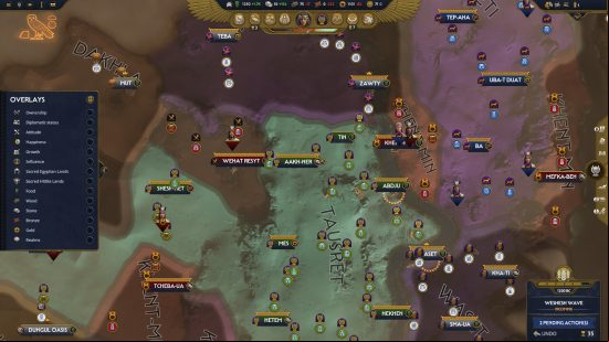 A map of Egypt overlaid with colours showing areas of factional control from Total War: Pharaoh.