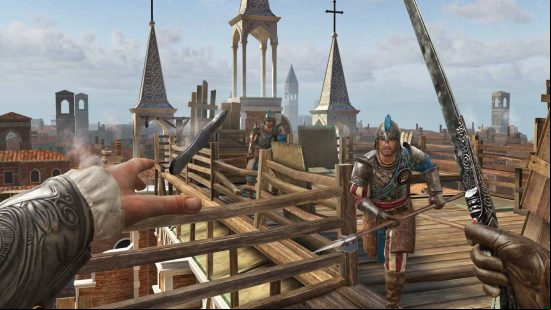 Assassin's Creed Nexus review: a throwing knife leaves the character's hands