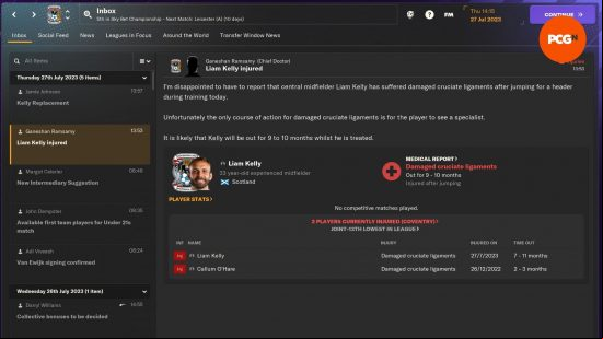 The manager's inbox showing the captain of their team injured for 9-10 months with cruciate ligament damage