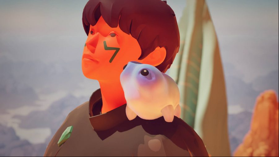 Jusant: A character with red skin and short lack hair with a tattoo on their face looks up with a small liquid creature with big black eyes