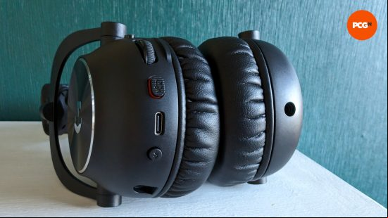The underside of the Logitech G Pro X 2 Ligthspeed wireless gaming headset, revealing its charging port and an assortment of buttons