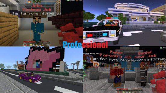A collage of four professions in the Lifeboat Minecraft server.