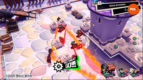 During our Persona 5 Tactica review, we exploited the Triple Threat mechanic which paints a triangle around vulnerable enemies.