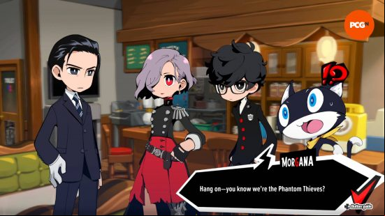 Persona 5 Tactica review: a man in a business suit wearing one glove is talking to the leader of the rebels, the protagonist, and a talking anime cat inside a coffee shop.