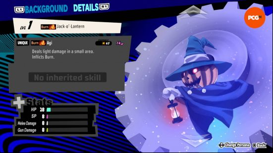 Persona 5 Tactica review - a Jack-O-Lantern in the Persona menu. The stats and skills are on screen.