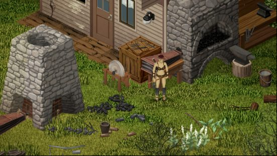Project Zomboid build 42 crafting and blacksmithing - A player stands in the back yard of a house, where a furnace, sharpening stone, and workbench have been built.