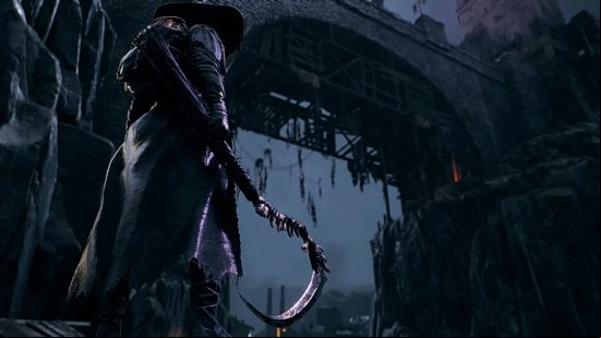 The Ritualist stands beneath the bridge of the Forlorn Coast leading to the palace of The One True King, scythe in hand.
