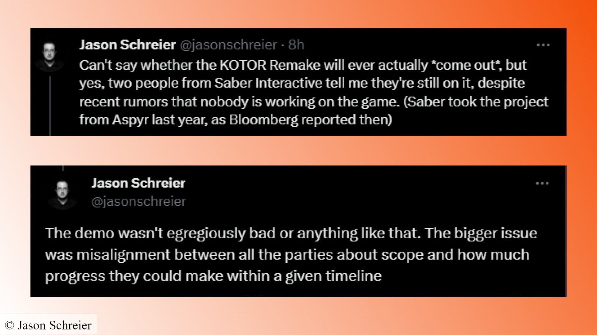 Star Wars Knights of the Old Republic Remake canceled: Tweets from Jason Schreier regarding the Star Wars KOTOR remake