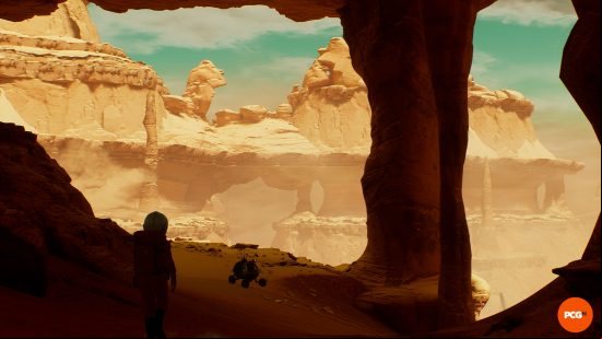 An astronaut walking through a sweeping rocky vista in The Invincible with a small four-wheeled robot in front.