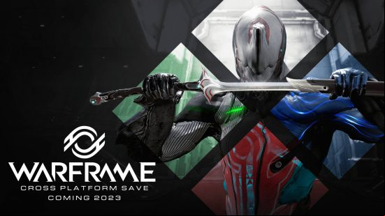 A ninja character holds a huge katana sideways spread across different colored diamonds with the Warframe logo next to it, and 'cross-save 2023' written below